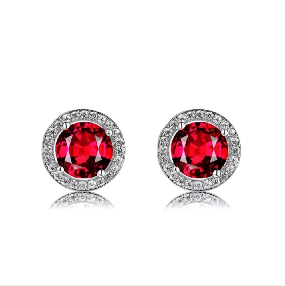 Elegant Silver and Red Stud Earrings - Picture 2 of 3